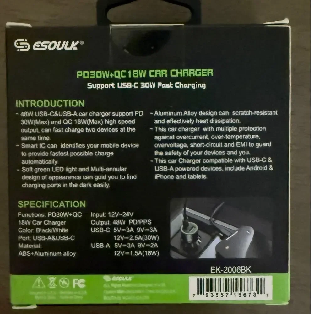 ESOULK 48W Fast Charge Car Charger PD30W QC18W Aluminum USB‑C USB Adapter